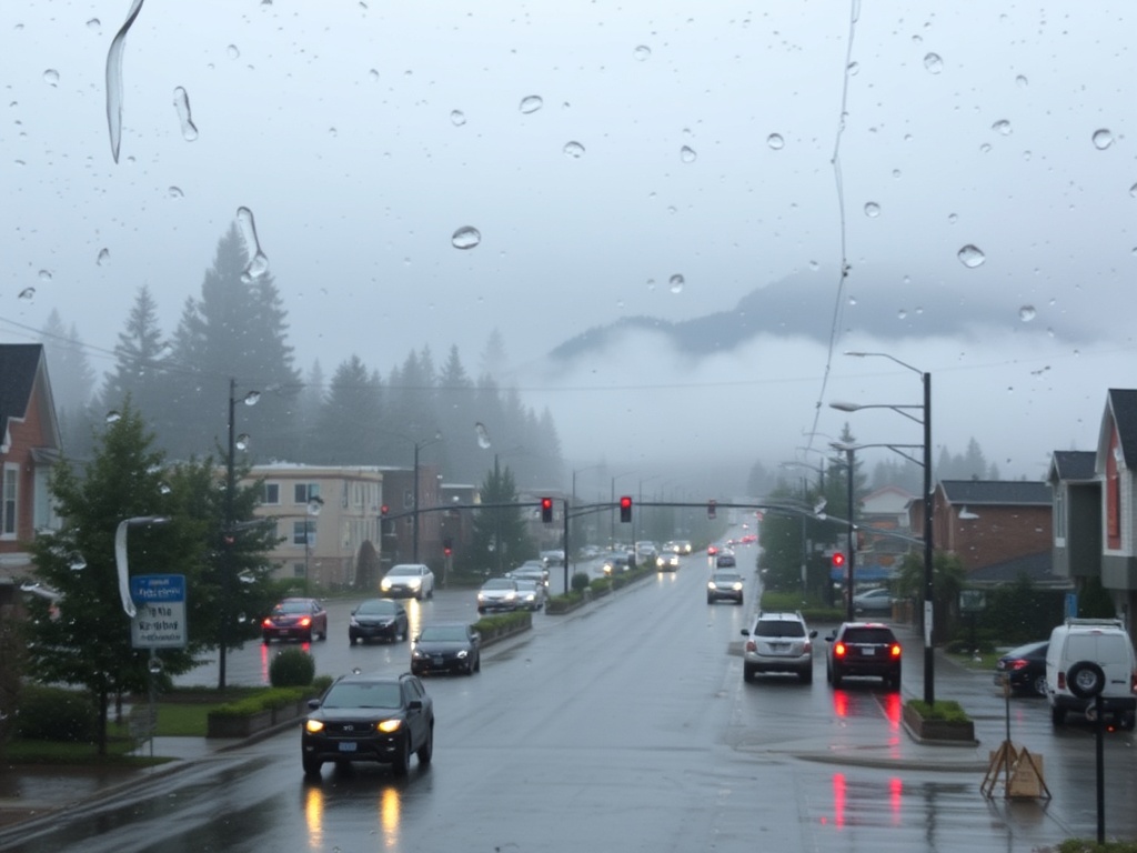 rainy day in Chilliwack with wet streets, mountains in fog, and cozy indoor window view