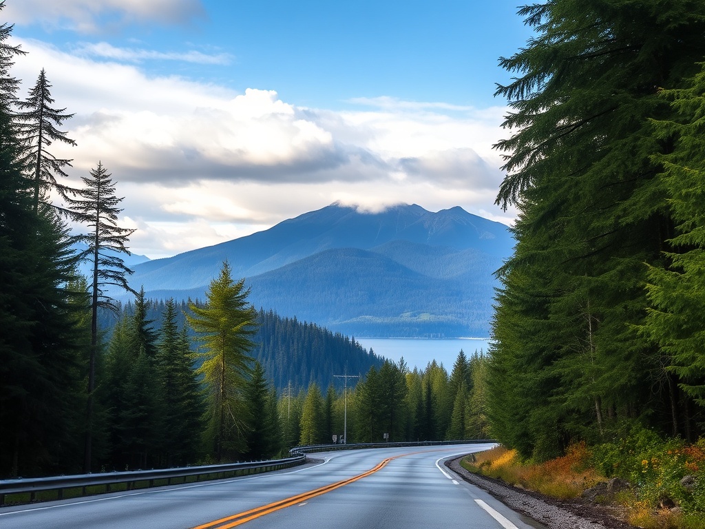 scenic drive along Chilliwack Lake Road with dense forest, winding road, and mountain views in British Columbia