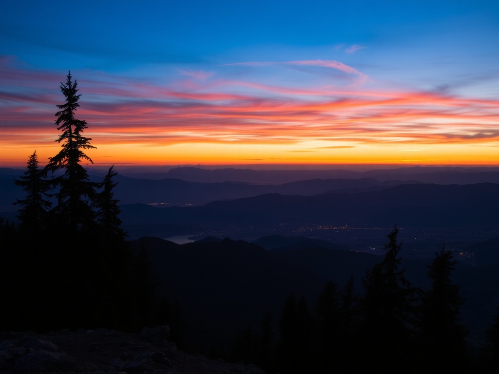 sunset from Elk Mountain overlooking Fraser Valley with glowing sky and layered mountain silhouettes
