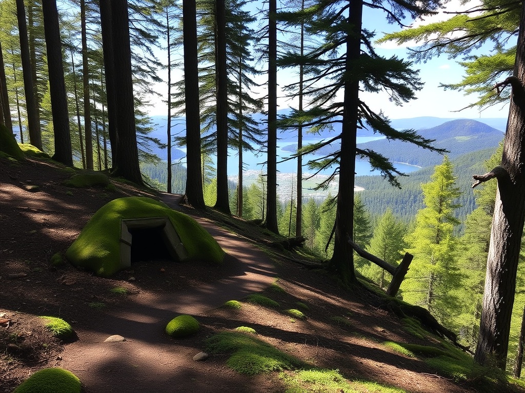Teapot Hill trail with hidden teapots in forest and scenic lake viewpoint overlooking Cultus Lake
