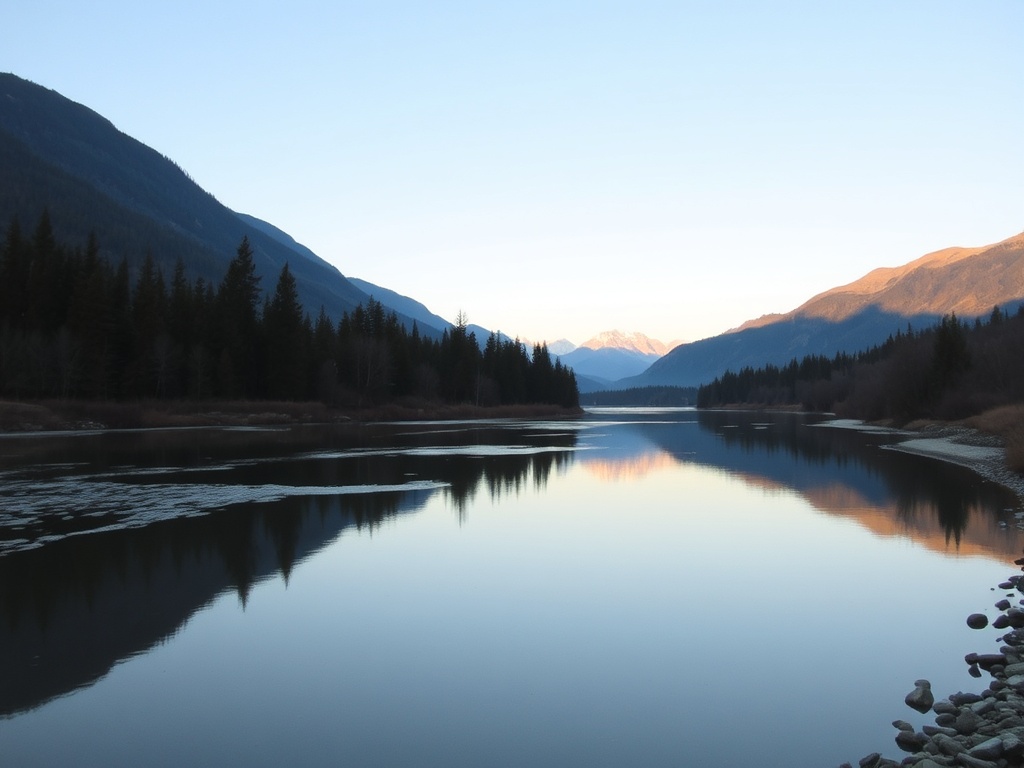 chilliwack river calm afternoon mountains reflection peaceful scene