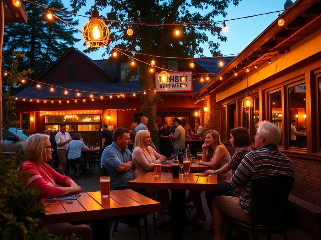 cozy brewery patio in chilliwack evening warm lights casual locals chatting