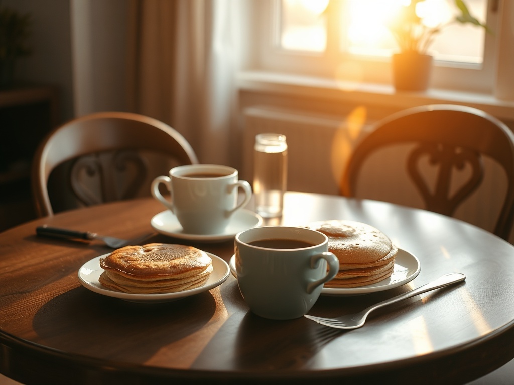 cozy brunch table coffee pancakes natural light relaxed sunday morning