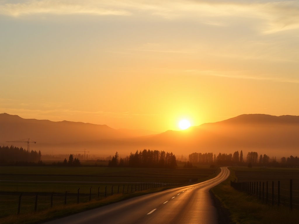 golden sunrise over chilliwack farmland with misty mountains in background quiet rural road
