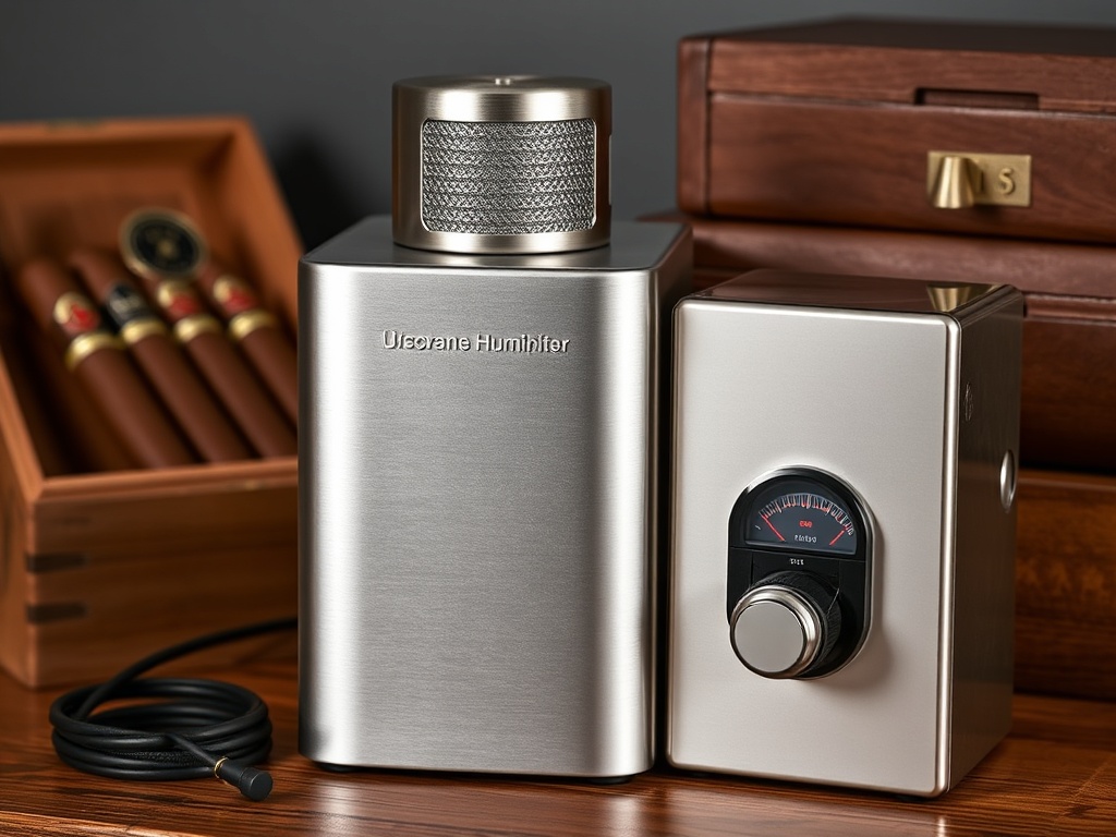 image of a humidifier and temperature regulator next to cigar boxes