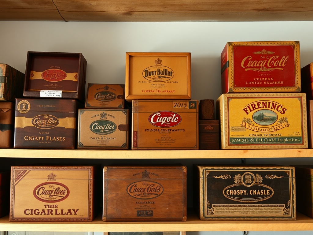 image of a shelf displaying a collection of vintage cigar boxes