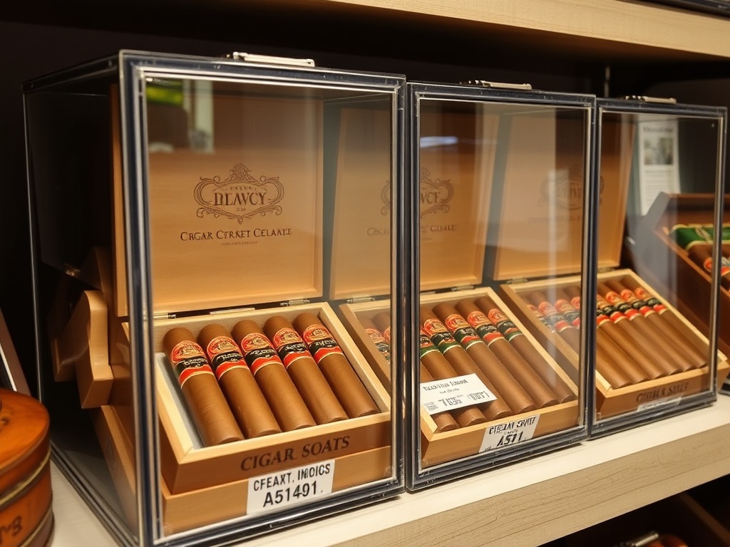 image of cigar boxes stored in protective cases on a shelf