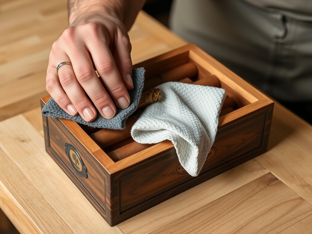 image of someone dusting a vintage cigar box with a microfiber cloth