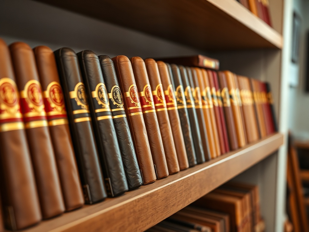 vivid description of neatly arranged cigar boxes on a shelf