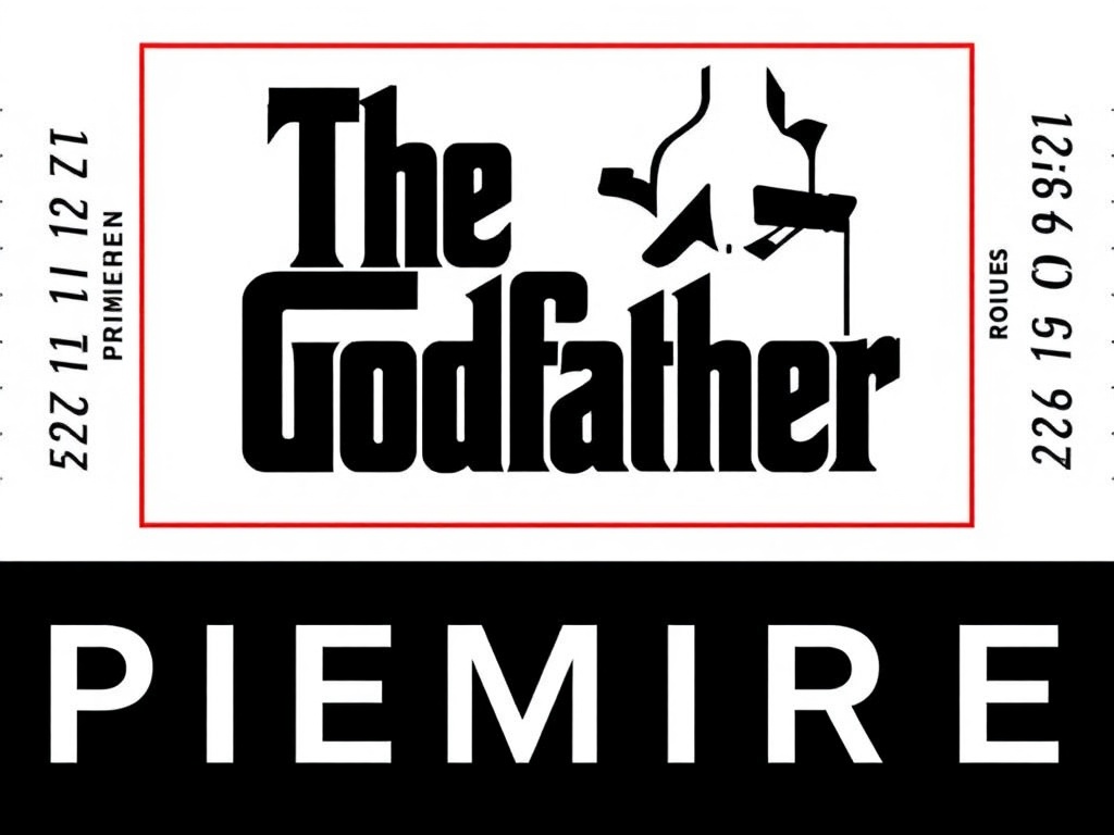 A 1972 cinema ticket from The Godfather premiere, featuring elegant font and a black-and-white image of Marlon Brando.