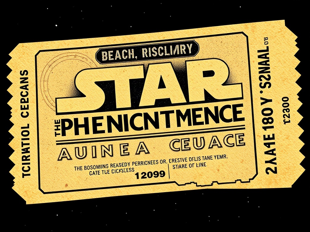 A 1999 cinema ticket for The Phantom Menace with futuristic fonts and designs inspired by the Star Wars universe.