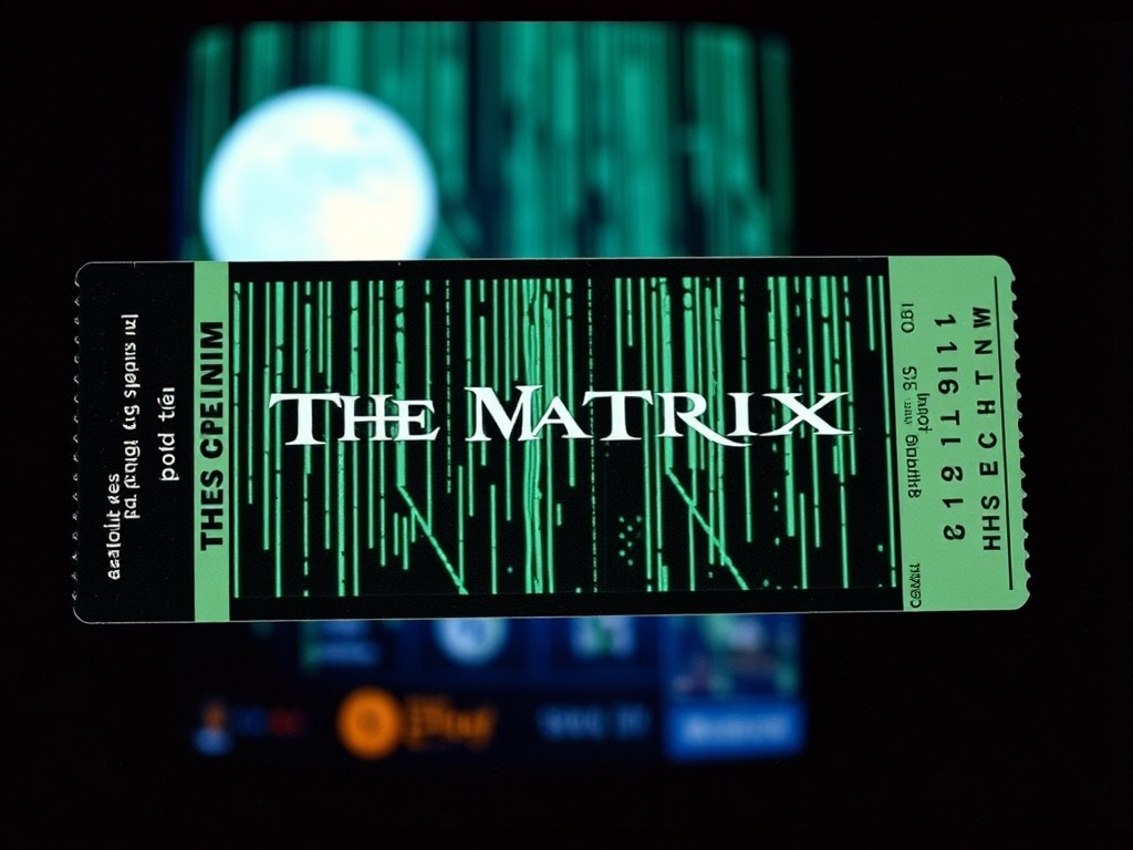 A 1999 cinema ticket from the midnight screening of The Matrix, featuring digital designs inspired by the movie's themes.