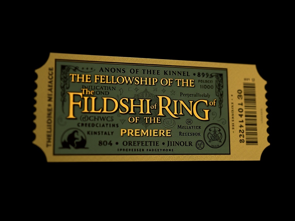 A cinema ticket for The Fellowship of the Ring premiere, featuring iconic designs inspired by the movie's themes of Middle-earth.