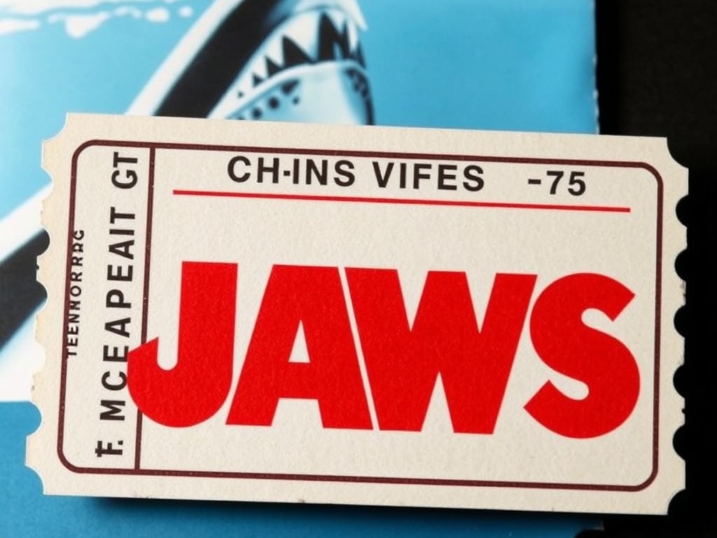 A classic 1975 Jaws cinema ticket with the film's famous shark image and bold red lettering.