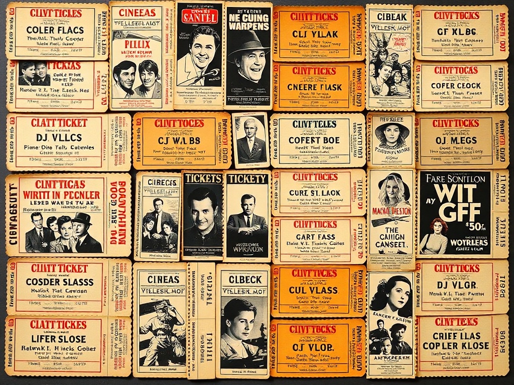 A collection of vintage cinema tickets displayed in a neat grid, each showing different iconic films.