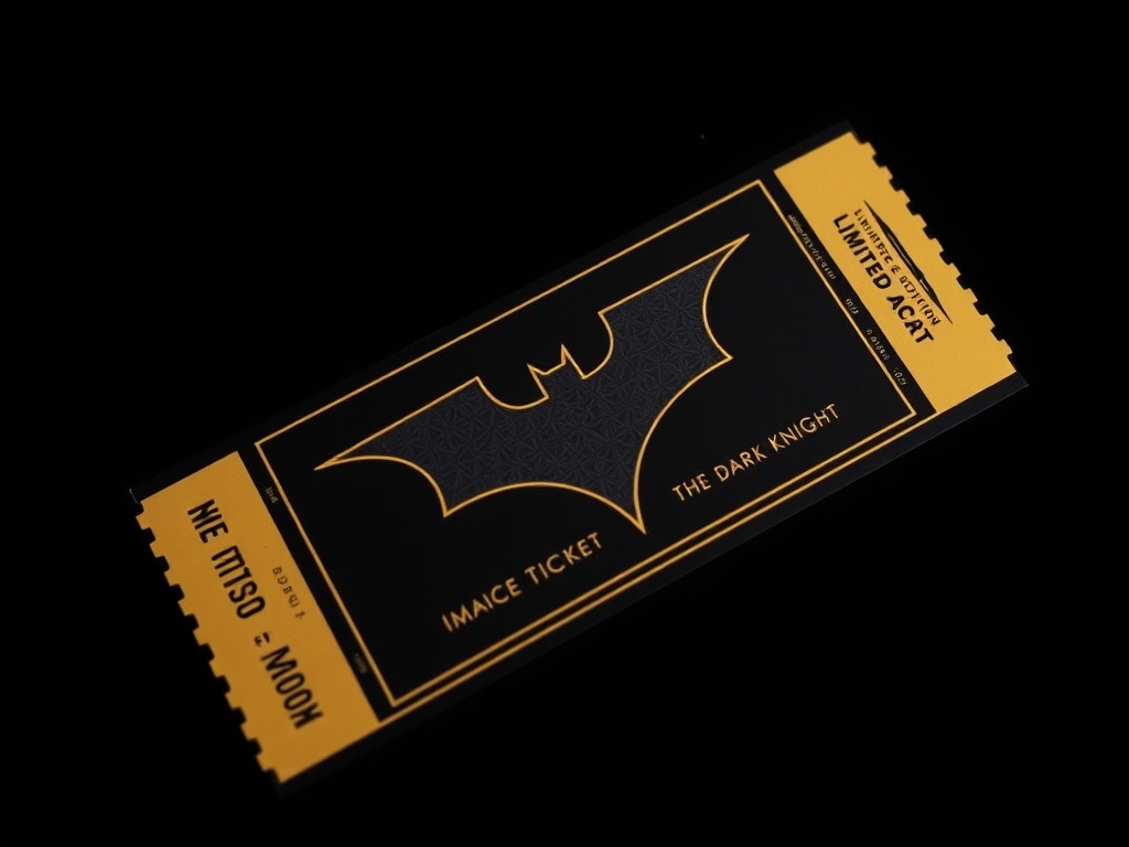 A limited edition IMAX ticket for The Dark Knight, featuring sleek black and gold designs with the Bat symbol.