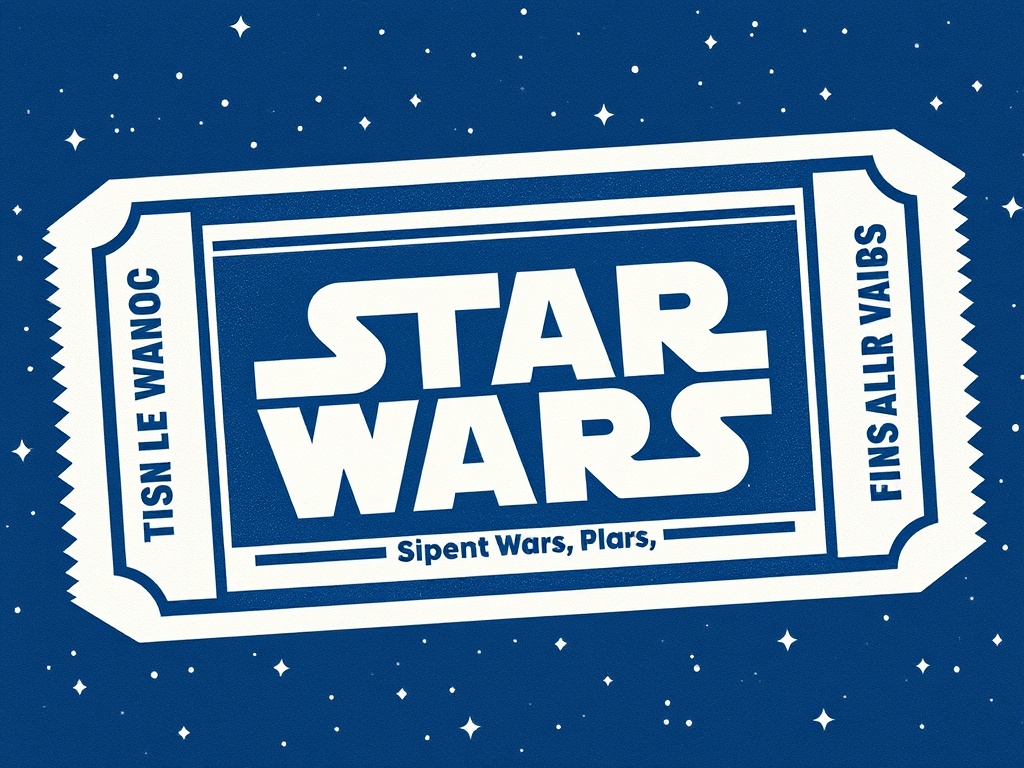A Star Wars 1977 cinema ticket featuring iconic blue and white design elements with stars in the background.