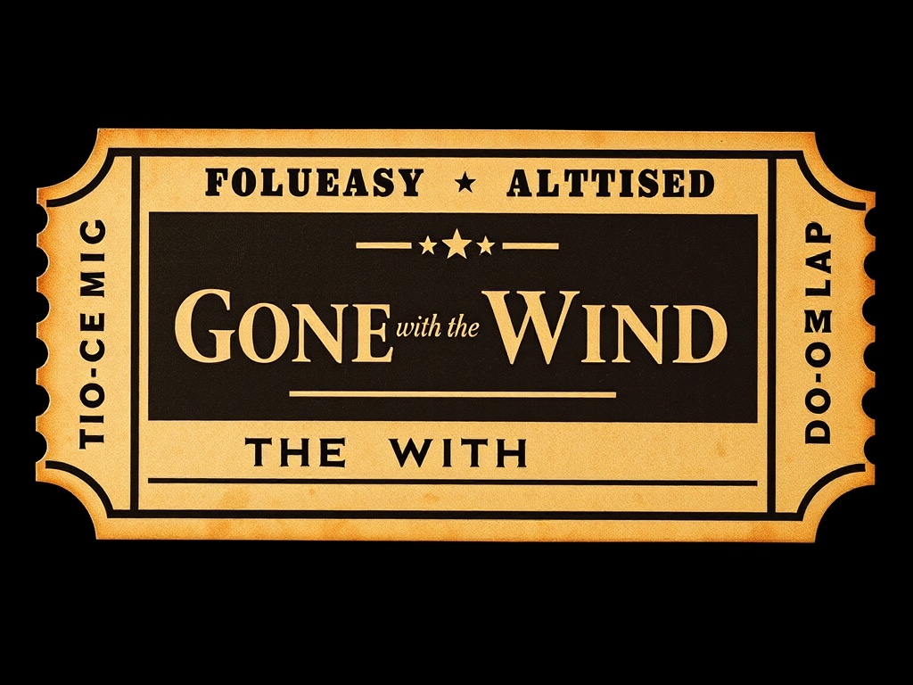 A vintage 1930s cinema ticket with the title Gone with the Wind, featuring classic Hollywood design elements.