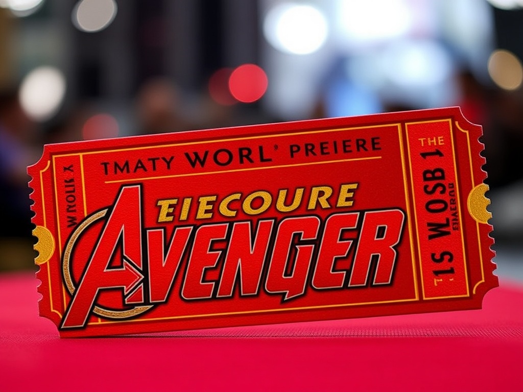 A world premiere ticket for The Avengers movie, featuring bold red and gold designs with the Avengers logo.