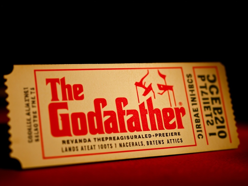 A classic ticket from The Godfather's 1972 premiere, with bold red text and vintage design elements evoking the film's mafia themes.