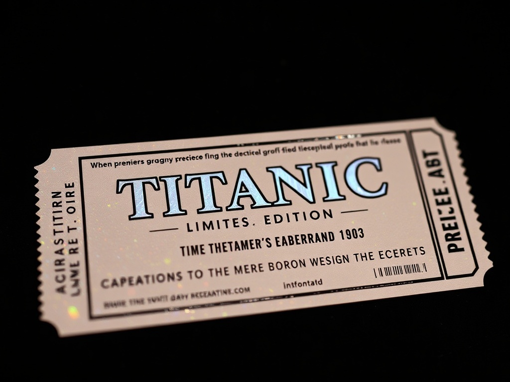 A limited edition Titanic premiere ticket with silver holographic details, a tribute to the epic film's release.