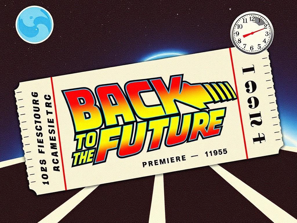 A nostalgic 1985 ticket from the Back to the Future premiere, featuring time-traveling imagery and bold, retro typography.
