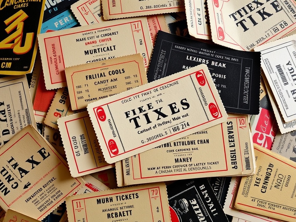 A pile of vintage cinema tickets, carefully arranged, with some showing iconic films and others displaying rare, limited-edition designs.