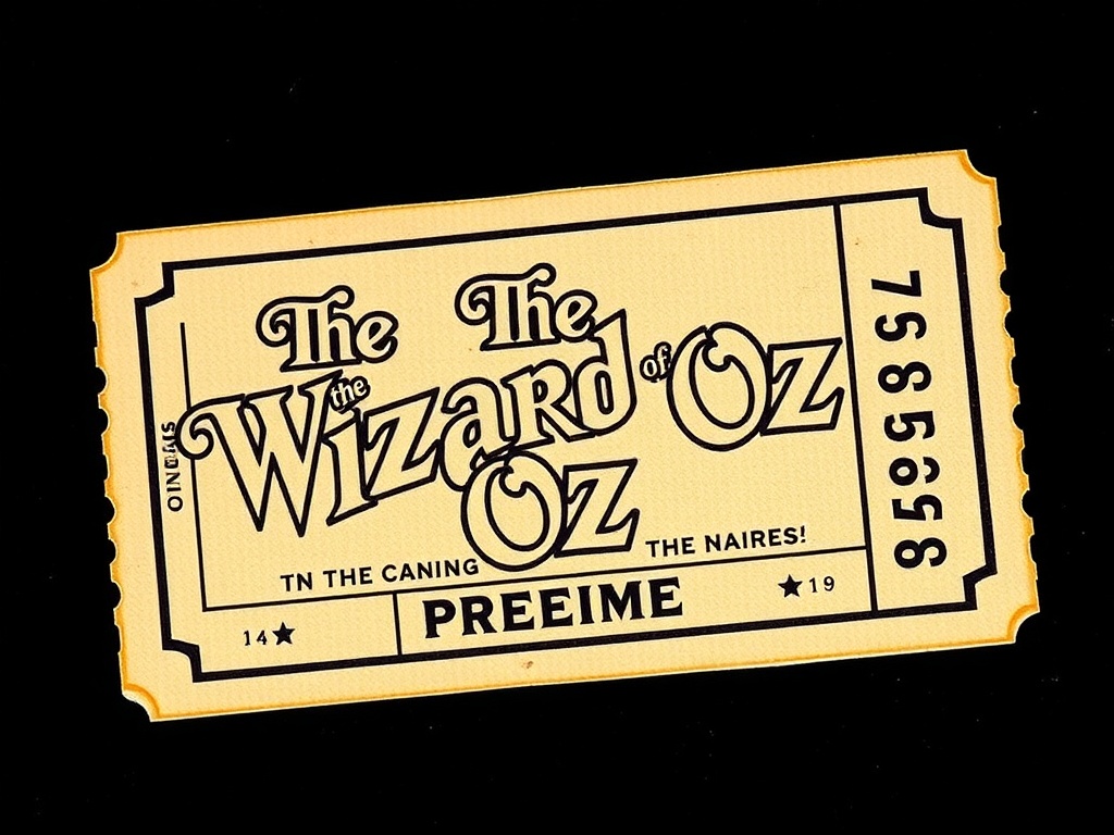 A rare cinema ticket from The Wizard of Oz premiere in 1939, displaying bold colors and Art Deco-inspired design elements.