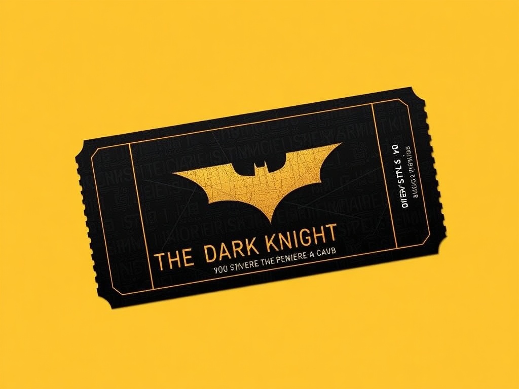 A sleek black IMAX ticket from The Dark Knight premiere in 2008 with minimalist design and gold typography.