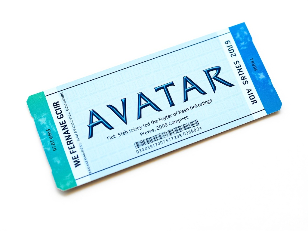 A sleek, modern ticket from Avatar's 2009 premiere with blue and green colors reflecting the film's visuals and futuristic themes.