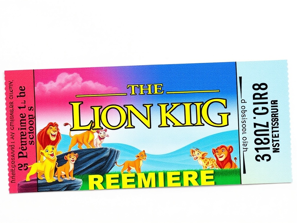 A vibrant, colorful Lion King 1994 premiere ticket featuring iconic characters and bold typography.