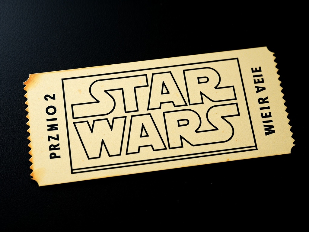 A vintage ticket from the original 1977 Star Wars premiere with the iconic logo and red details.