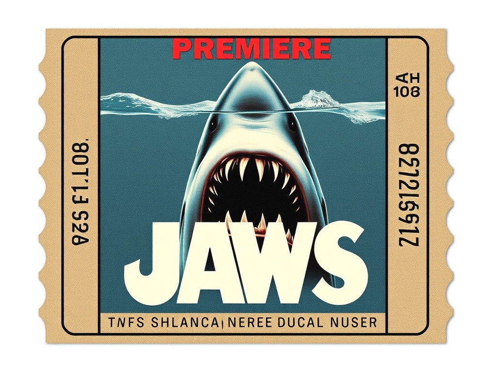 An iconic Jaws 1975 premiere ticket featuring the classic shark image and eerie typography.
