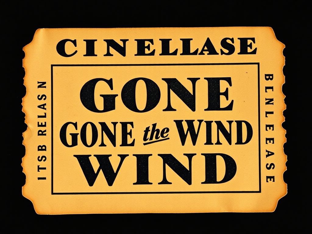 An old-fashioned cinema ticket from the 1939 re-release of Gone with the Wind, featuring bold vintage fonts and classic film design.