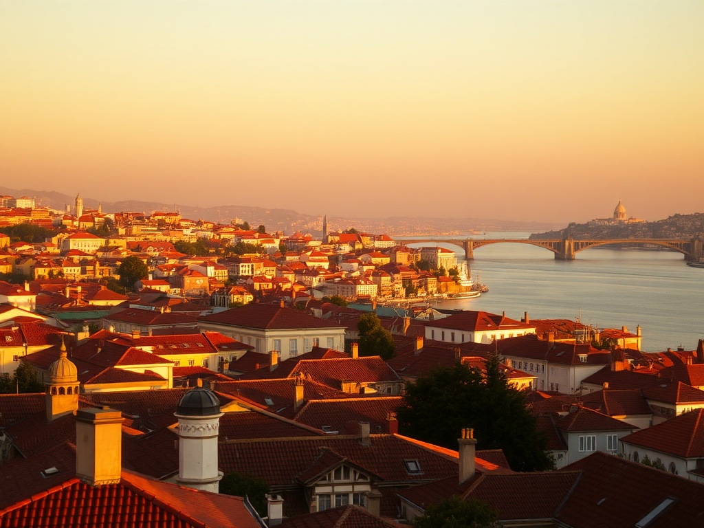 golden hour Lisbon skyline with terracotta rooftops and Tagus River glowing, cinematic light