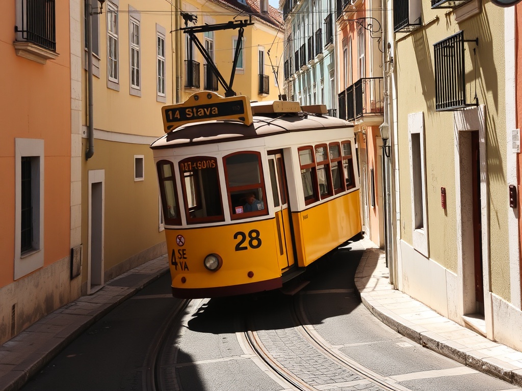 iconic yellow tram 28 climbing steep Lisbon street with pastel buildings and sunlight casting shadows