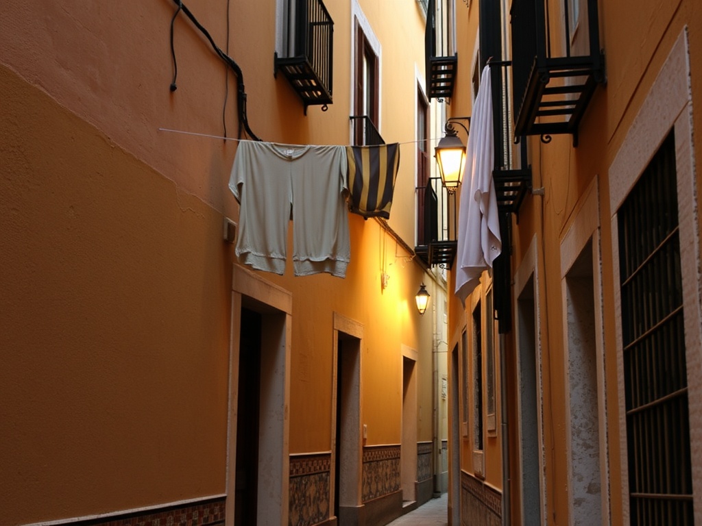 narrow Alfama alleyway with colorful tiles, laundry hanging, warm evening light and intimate atmosphere