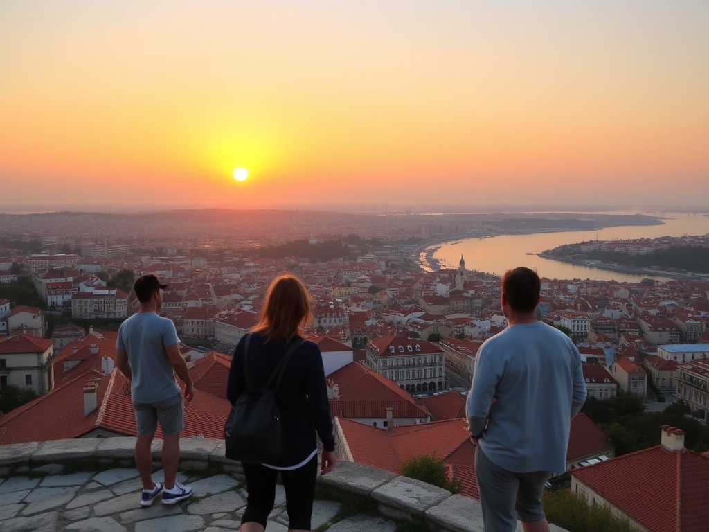 sunset viewpoint Lisbon miradouro overlooking city rooftops and river with warm orange sky and relaxed travelers