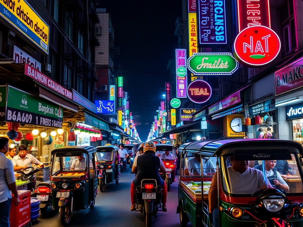 Bangkok night street food market neon tuk tuk busy vibrant colors