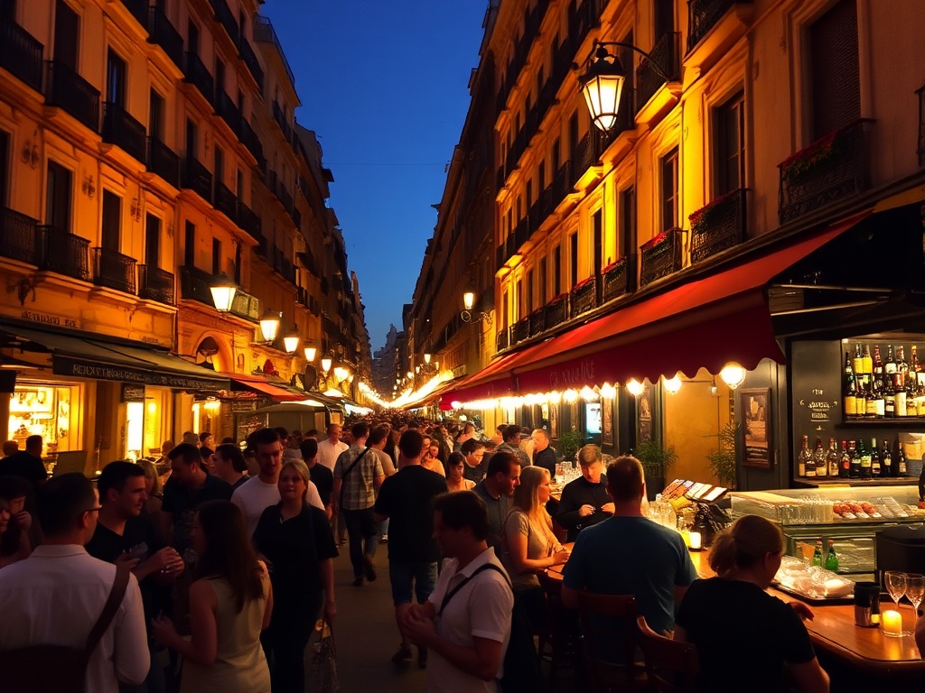 Barcelona night tapas bars crowded streets warm lights lively atmosphere