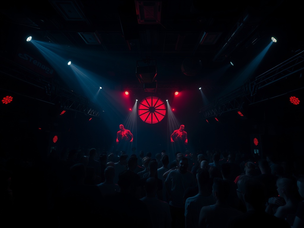 Berlin nightlife techno club dark moody industrial lights crowd