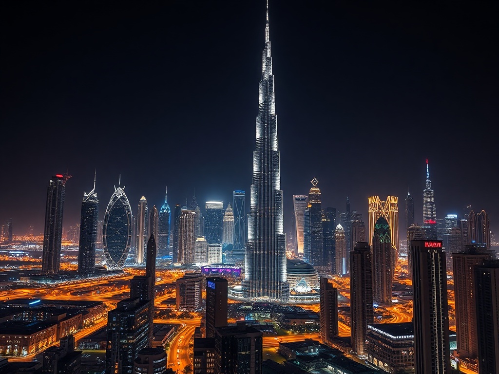 Dubai skyline night Burj Khalifa lights luxury city glowing skyline