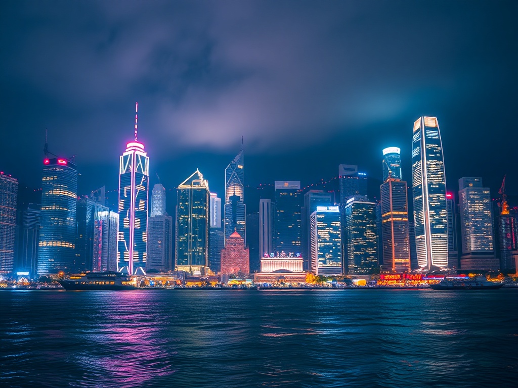 Hong Kong skyline night Victoria Harbour neon reflections dense skyscrapers