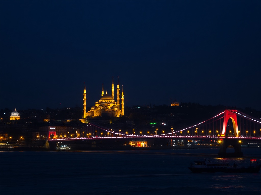 Istanbul night mosque lights Bosphorus bridge glowing skyline