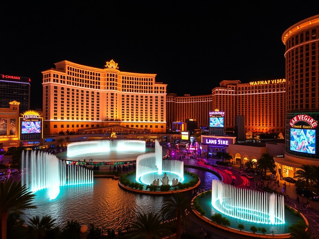 Las Vegas Strip night neon casinos fountains Bellagio lights