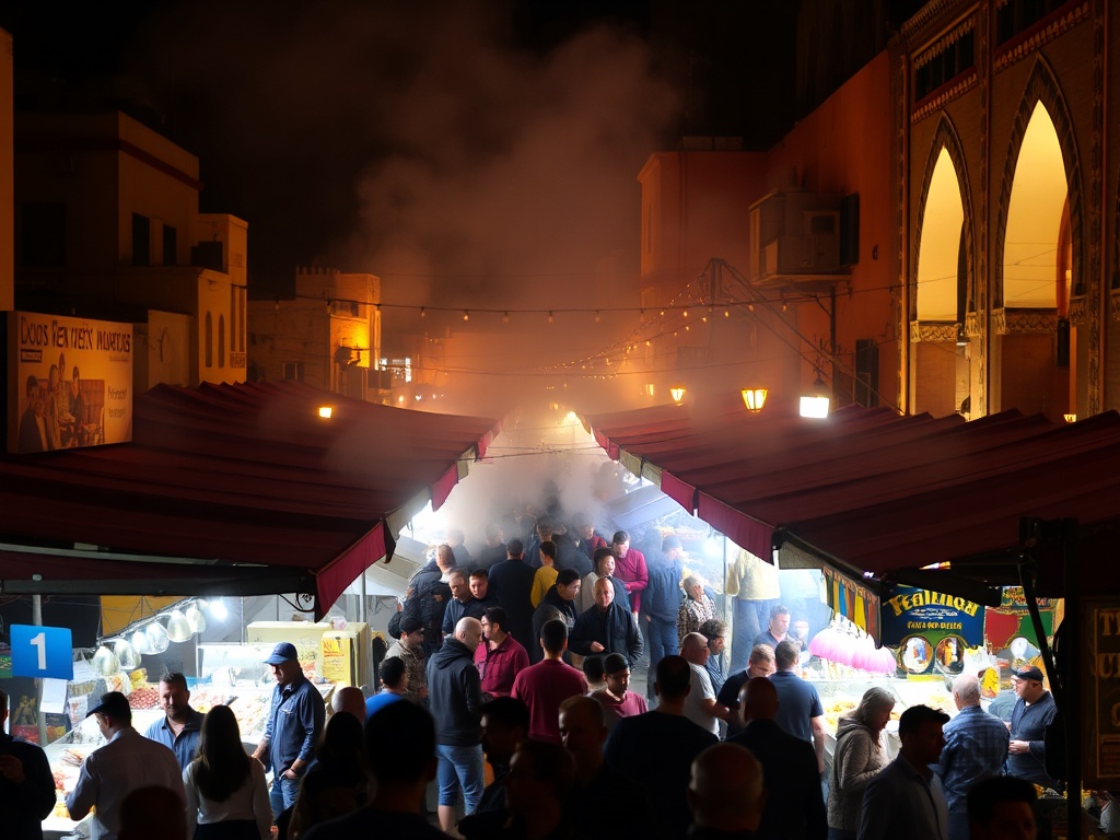 Marrakech night market Jemaa el Fna lights smoke food stalls crowd