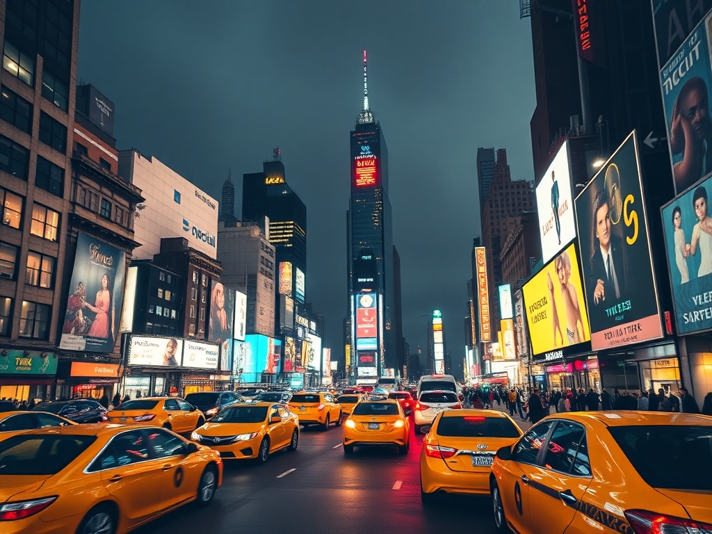 New York City skyline night lights Times Square glowing streets yellow taxis long exposure