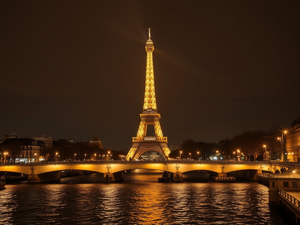 Paris Eiffel Tower night golden lights reflections Seine romantic cityscape