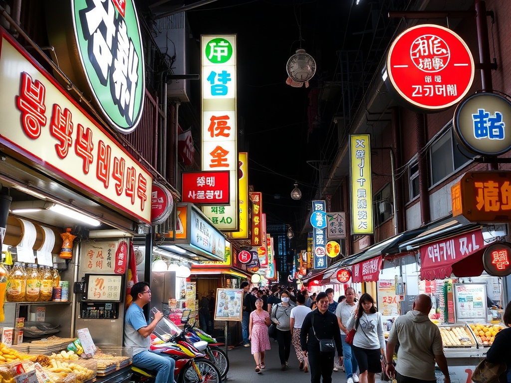 Seoul night street food neon signs busy night market Korea