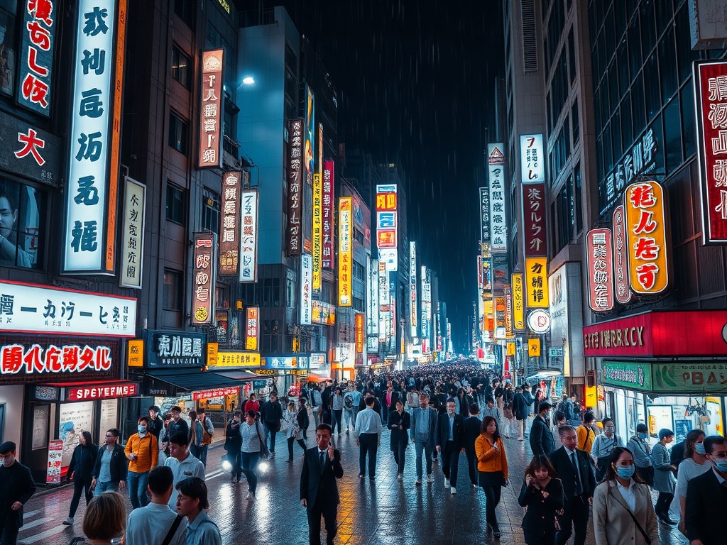 Tokyo at night neon streets Shinjuku crowds glowing signs cinematic rain reflections